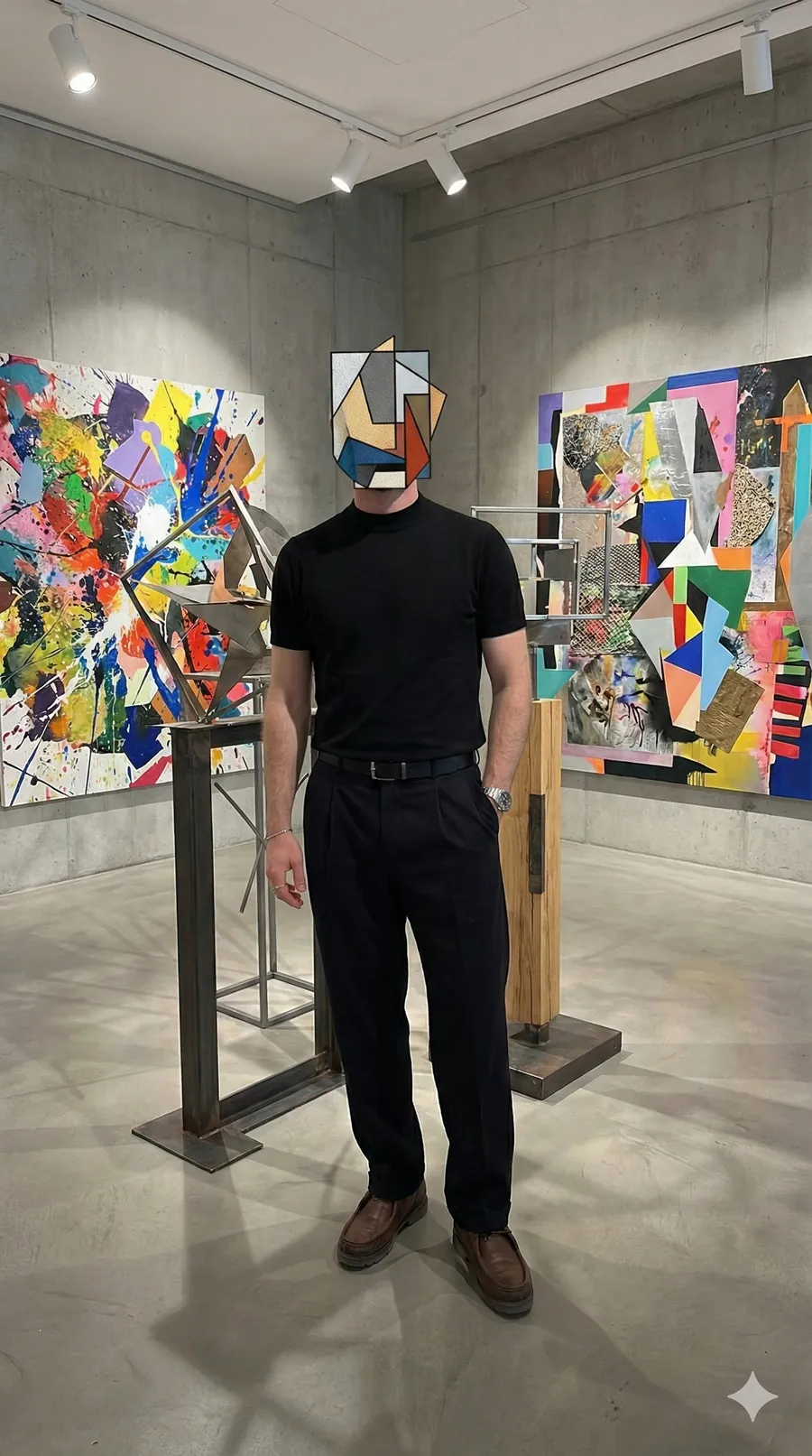Nivlak, artiste peintre, dans une galerie, le visage masqué par une œuvre.