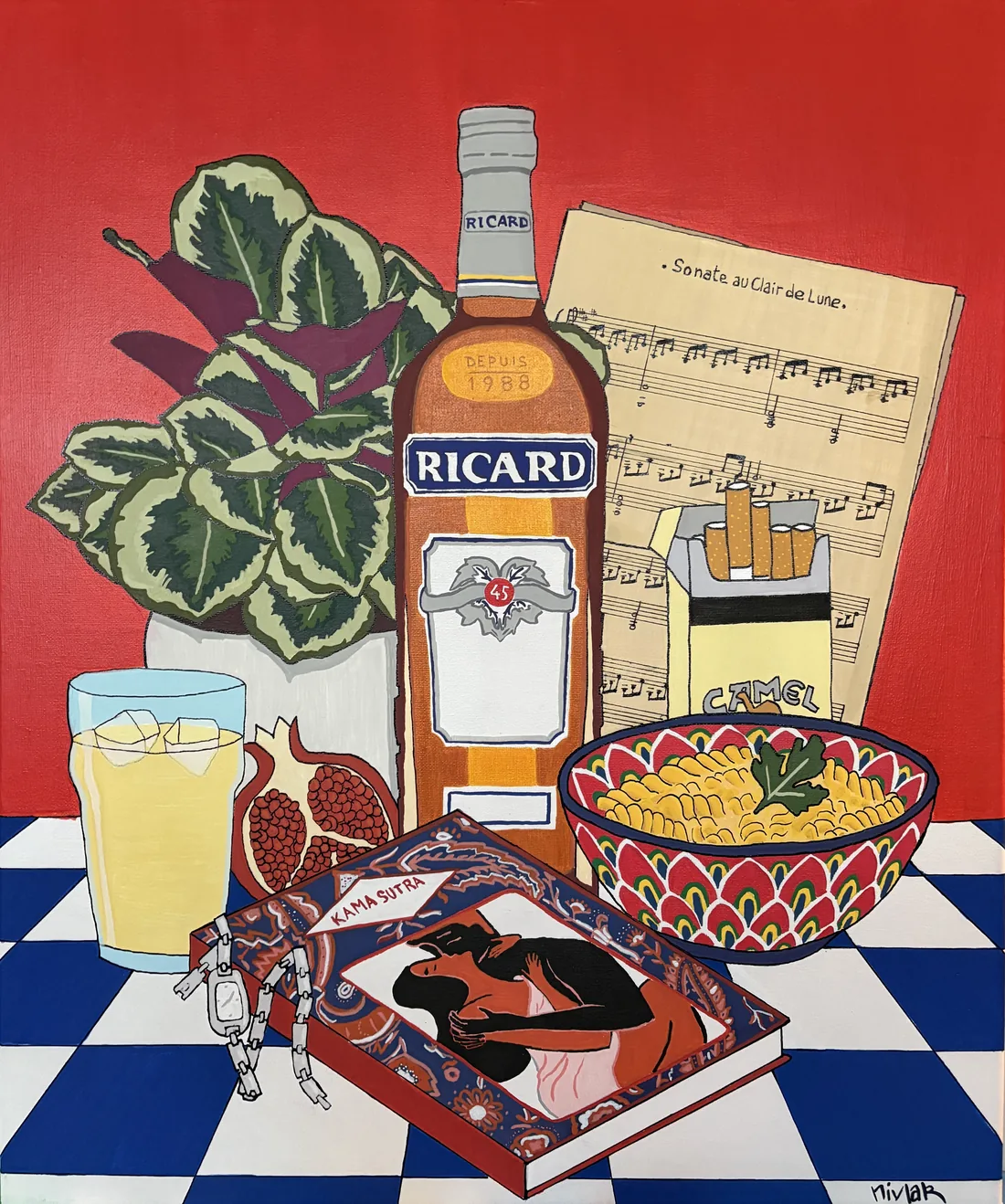 Au Clair Jaune — Une personnalité. Un pastis, la partition de la Sonate au clair de lune, une grenade, un bol réconfortant et un livre de chevet : l’art de vivre d’une personne. Acrylique et Posca sur toile · Pièce unique signée.