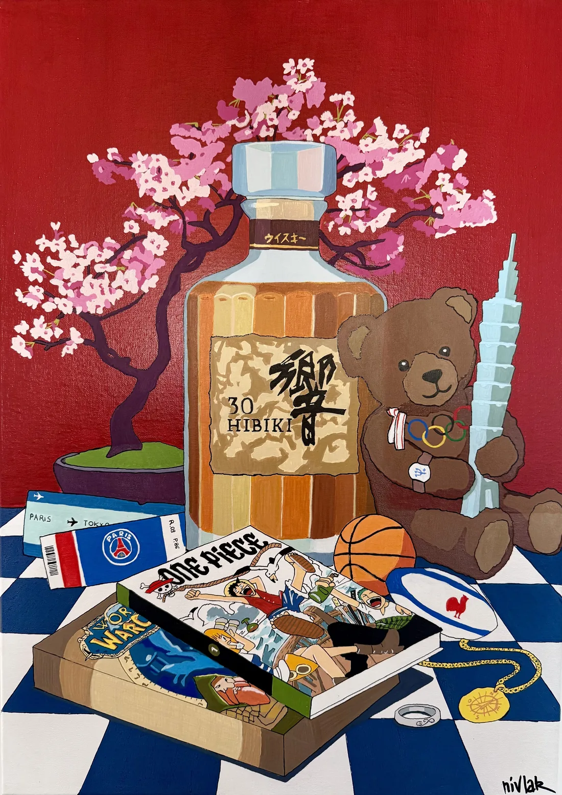 Paris–Tokyo — Une personne, deux cultures. Un whisky japonais, un bonsaï en fleurs, un doudou d’enfance, un billet Paris–Tokyo, des mangas et des passions sportives : une vie entre deux villes. Acrylique et Posca sur toile · Pièce unique signée.